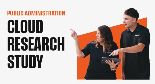 Cloud Research Study Report title with image of a centralsquare employee and customer pointing at a tablet and looking left
